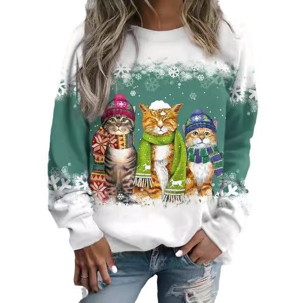 Snowman And Cat Printed Long Sleeve T-shirt - HNGoods