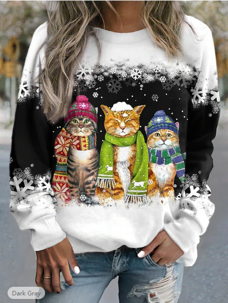 Snowman And Cat Printed Long Sleeve T-shirt - HNGoods