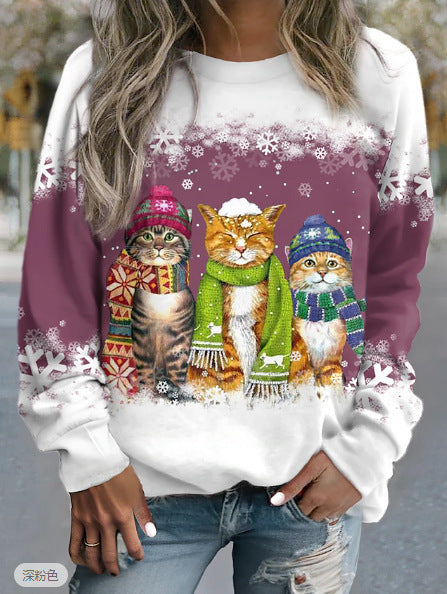 Snowman And Cat Printed Long Sleeve T-shirt