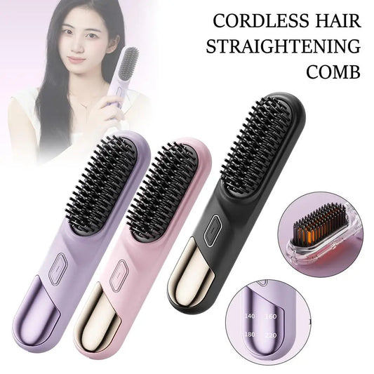 Cordless hair straightening comb with anti-scald bristles in pink