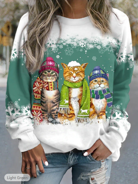 Snowman And Cat Printed Long Sleeve T-shirt