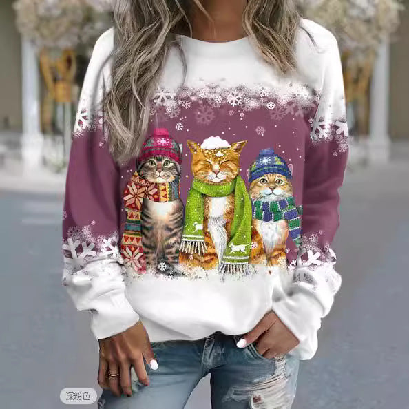 Snowman And Cat Printed Long Sleeve T-shirt