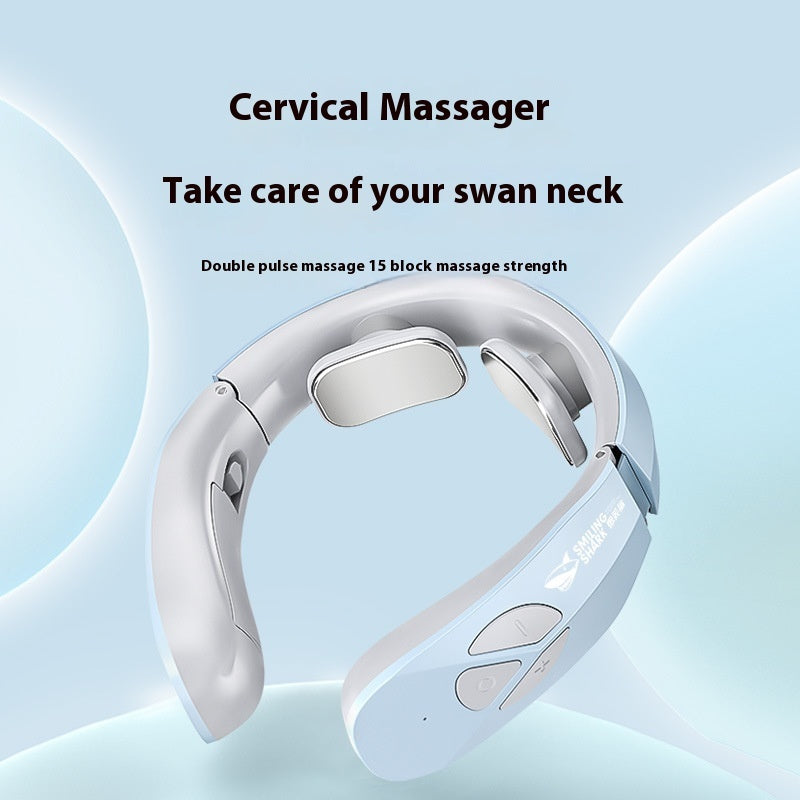 An electric neck massager in lake blue color, with a visual representation of its use before and after, showing the massager being worn around the neck.