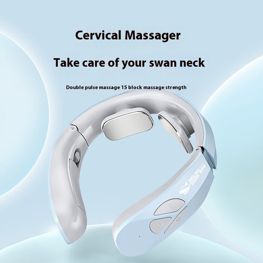 An electric neck massager in lake blue color, with a visual representation of its use before and after, showing the massager being worn around the neck.