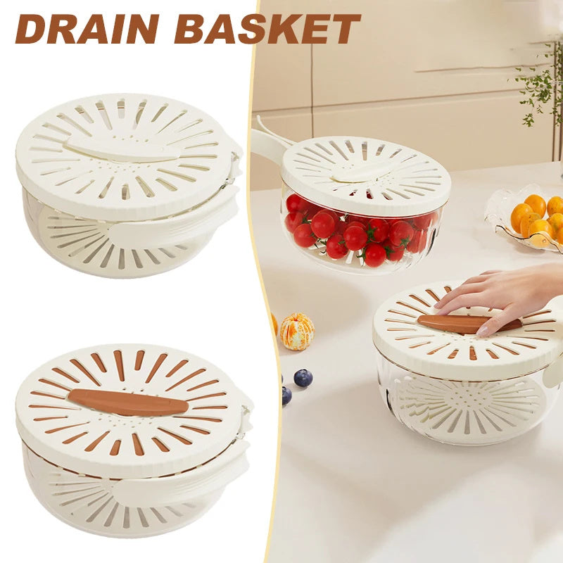 Drain Basket With Lid - Fruit/Vegetable Washing Bowl/Foldable Handle - HNGoods