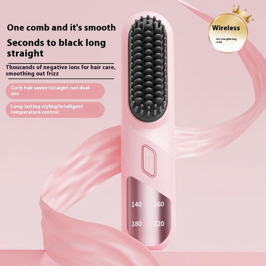 Cordless hair straightening comb with anti-scald bristles in pink