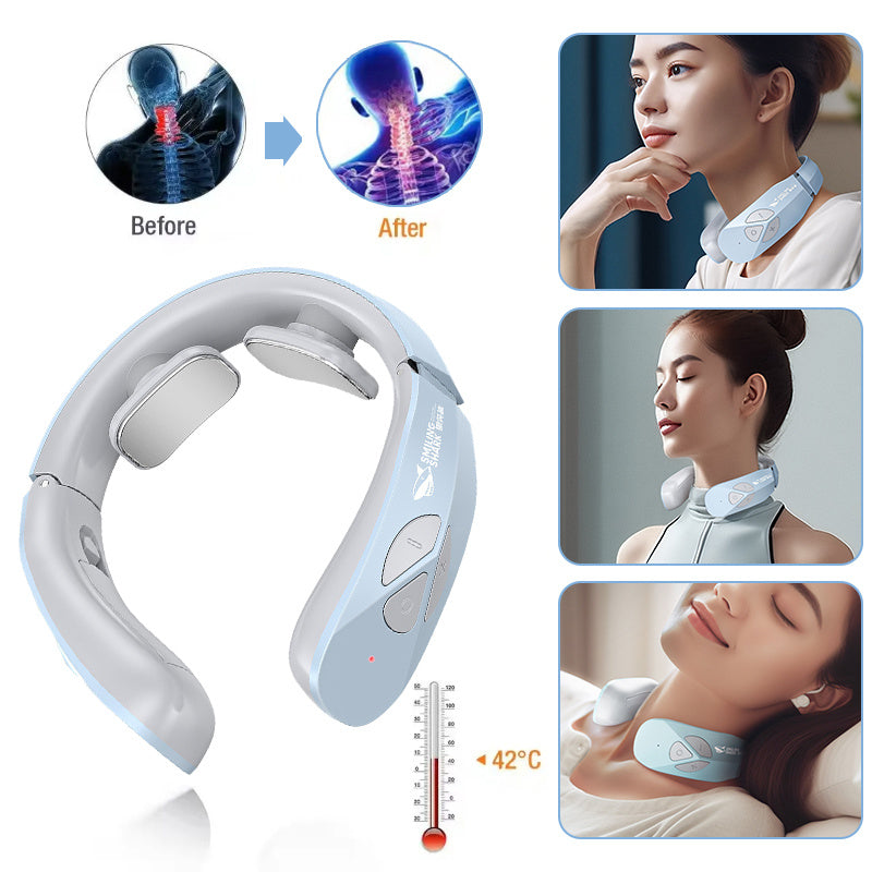 An electric neck massager in lake blue color, with a visual representation of its use before and after, showing the massager being worn around the neck.