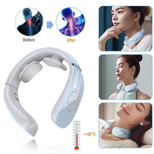 An electric neck massager in lake blue color, with a visual representation of its use before and after, showing the massager being worn around the neck.