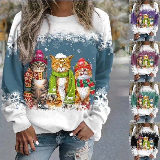 Snowman And Cat Printed Long Sleeve T-shirt - HNGoods