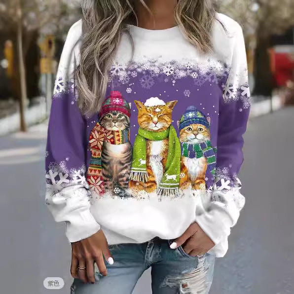 Snowman And Cat Printed Long Sleeve T-shirt